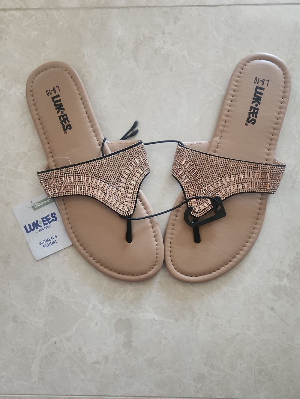 MUK LUKS Pink Rose-Gold Rhinestone Jeweled Flip-Flop Sandals. New With Tags!